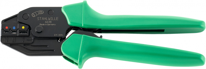 Lisovací kleště  220m červená = 0,5-1 (AWG 20-18) | modrá = 1,5-2,5 (AWG 16-14) | žlutá = 4-6 (AWG 12-10)mm²