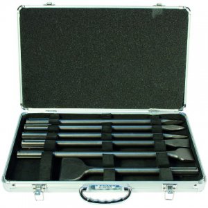 sada sekáčů SDS-max v Al kufru: 2x špičák 400mm, 2x sekáč plochý 25x400mm, 1x sekáč plochý 50x400mm,