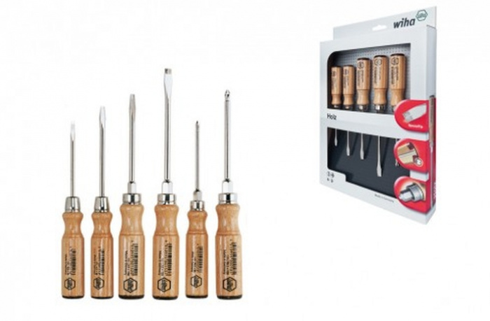 ŠROUBOVÁK S DŘEVĚNOU RUKOJETÍ PLOCHÝ/PHILLIPS, SADA 6DÍLNÁ