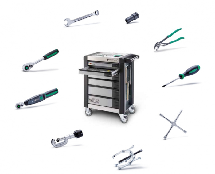 VOZÍK NA NÁŘADÍ STAHLWILLE č. 98VA/7A 7 ZÁSUVEK, NEREZOVÁ PRACOVNÍ PLOCHA